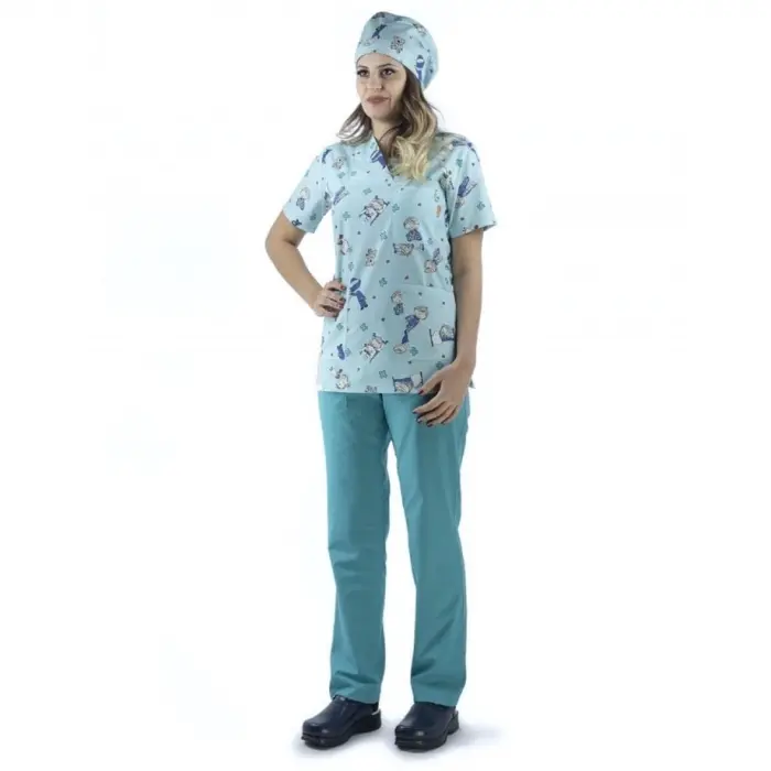 Zarf Yaka Desenli Üst - 3702 Su Yeşili Sağlıkçı