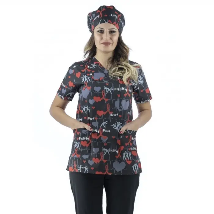 Zarf Yaka Desenli Üst - 4110 Kırmızı Kalpli