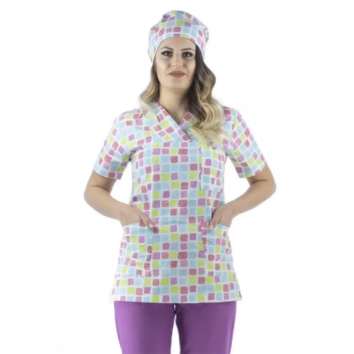 Zarf Yaka Desenli Üst - 5303 Kare Renkli