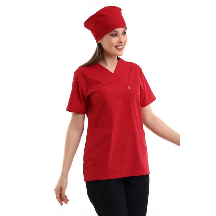 Zarf Yaka Desenli Üst - 5308 Kırmızı Küçük Kalp