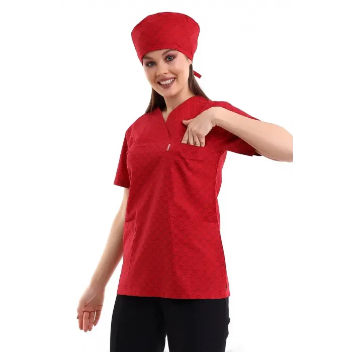 Zarf Yaka Desenli Üst - 5308 Kırmızı Küçük Kalp