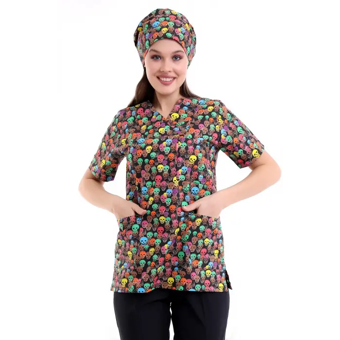 Zarf Yaka Desenli Üst - 9007 Kuru Kafa Renkli