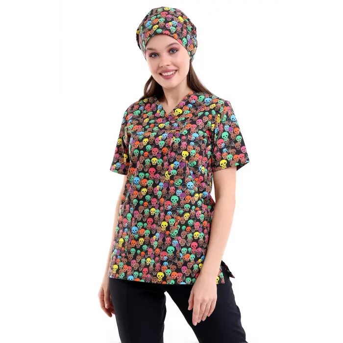 Zarf Yaka Desenli Üst - 9007 Kuru Kafa Renkli