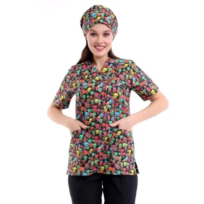 Zarf Yaka Desenli Üst - 9007 Renkli Kuru Kafa