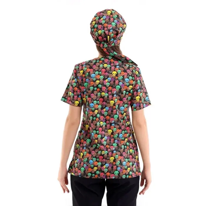 Zarf Yaka Desenli Üst - 9007 Renkli Kuru Kafa