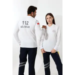 112 Acil Sağlık Yakalı Tshirt Uzun Kol Baskılı - Beyaz