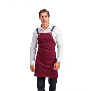 Barista Askılı Önlük Çift Cepli Deri Kemerli Bordo