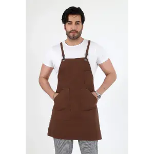 Barista Askılı Önlük Kanguru Cepli - Kahve