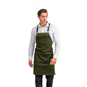 Barista Askılı Önlük Tek Cepli Deri Kemerli - Yeşil