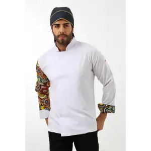 Erkek Likralı Kol Desenli Aşçı Ceket - 6401 Beyaz Renkli Daire
