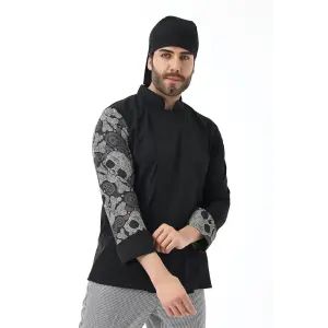 Erkek Likralı Kol Desenli Aşçı Ceket - 6403 Siyah Kuru Kafa