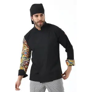 Erkek Likralı Kol Desenli Aşçı Ceket - 6403 Siyah Renkli Daire