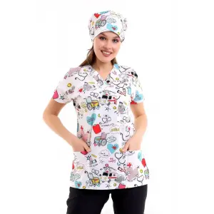 Yarasa Kol Dijital Unisex Desenli Üst - 6503 Beyaz Stetoskop