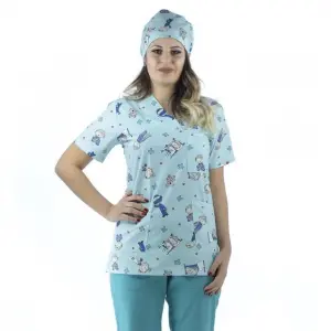 Zarf Yaka Desenli Üst - 3702 Su Yeşili Sağlıkçı