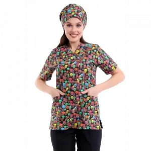 Zarf Yaka Desenli Üst - 9007 Renkli Kuru Kafa