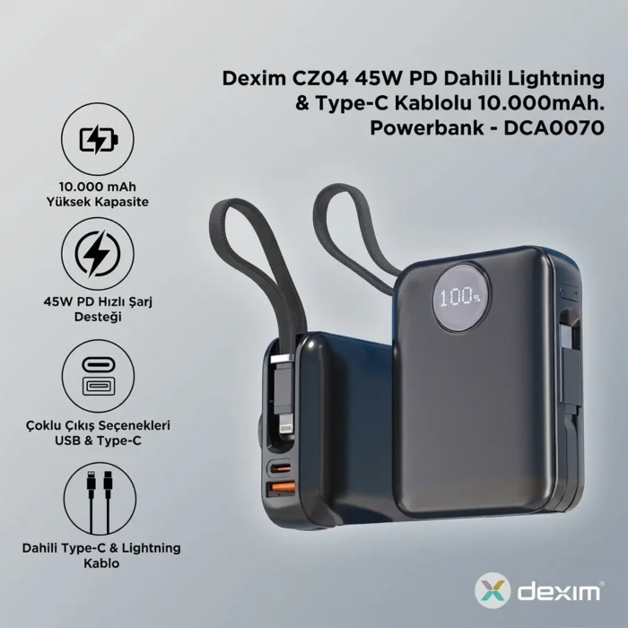 Dexim 10.000 mAh 45W Lightning Type-C Kablolu Hızlı Taşınabilir Güç Kaynağı