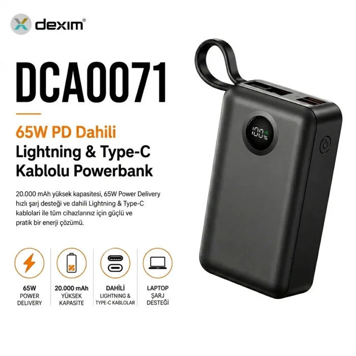 Dexim 20.000 Mah 65W Lightning+Type-C Kablolu Hızlı Şarj Taşınabilir Güç Kaynağı