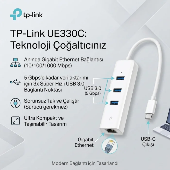 USB Type-C 3-Port Hub ve Gigabit Ethernet Adaptörü