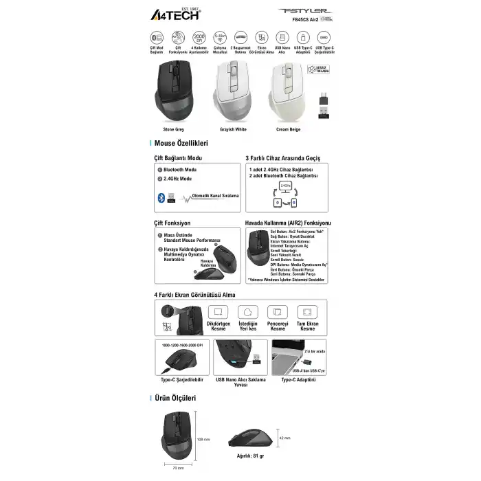 A4 TECH FB45CS AIR2 Bluetooth & 2.4G Kablosuz 2000dpi Gri Sessiz Şarjlı Mouse