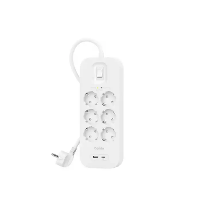 Belkin USB-C ve USB-A Bağlantı Noktalı Aşırı Gerilim Koruyucu (1 USB-C ve 1 USB-A ile 6 Çıkış)