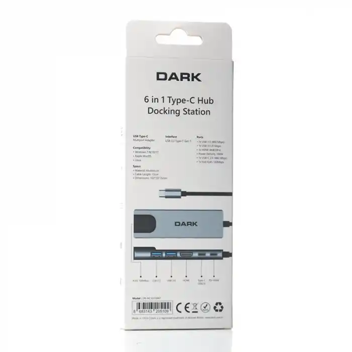 DARK DK-AC-U31X47 6sı 1 Arada USB 3.2 Type-C to Ethernet / HDMI USB 3.0 - USB 2.0 / USB-C 65W Macbook Port Çoklayıcı HU