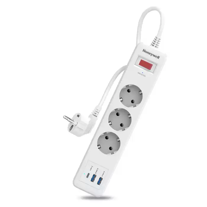 Honeywell 3lü Akım Koruyucu Priz  2x USB-A + 1x USB-C 20W PD - Beyaz