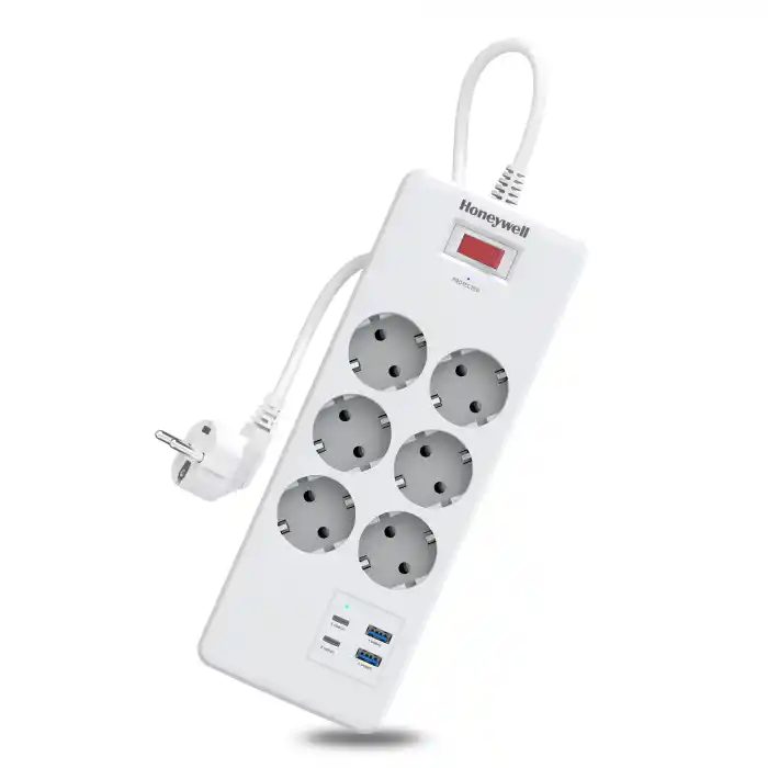 Honeywell 6lı Akım Koruyucu Priz  2x USB-A + 2x USB-C 20W PD - Beyaz