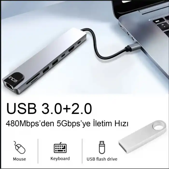 INCA ITPC-7T 8 Port Type-C Hub+Çevirici Aluminyum Çoklayıcı