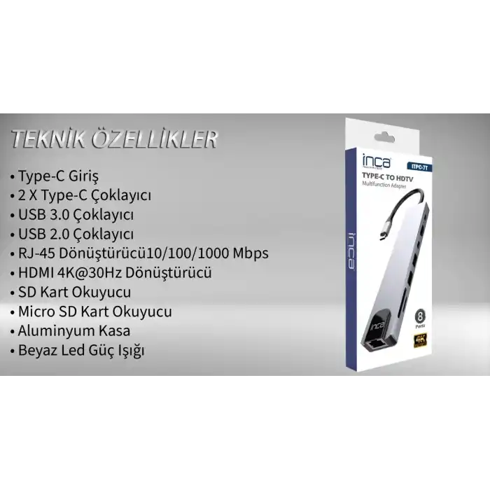 INCA ITPC-7T 8 Port Type-C Hub+Çevirici Aluminyum Çoklayıcı