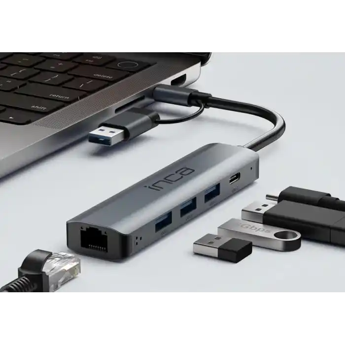 INCA IUTP-5T 3 Port USB/Type-C X3 USB 3.0 + Type-C Ethernet RJ45 Aluminyum Kasa