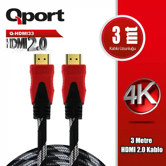 QPORT 3M 2.0V 4K 60HZ ALTIN UÇLU ÖRGÜLÜ HDMI KABLO (Q-HDMI33)