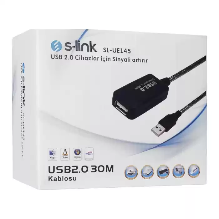 S-LINK SL-UE145 USB2.0 30m Şeffaf Uzatma Kablo