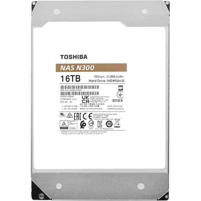 TOSHIBA HDWG51GUZSVA N300 3.5 16TB 7200rpm 512MB Sata 7/24 NAS Harddisk