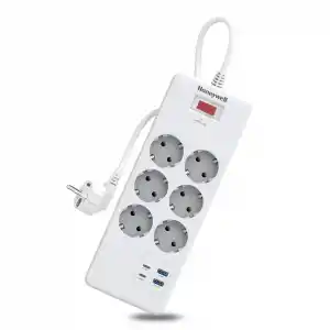 Honeywell 6lı Akım Koruyucu Priz  2x USB-A + 2x USB-C 20W PD - Beyaz