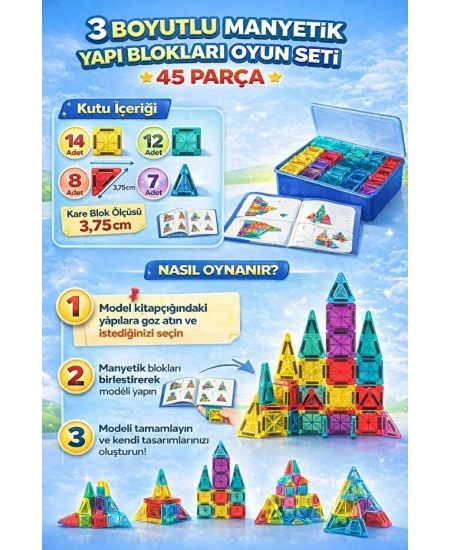 MANYETİK YAPI BLOK SETİ 45 PARÇA METAL KUTULU