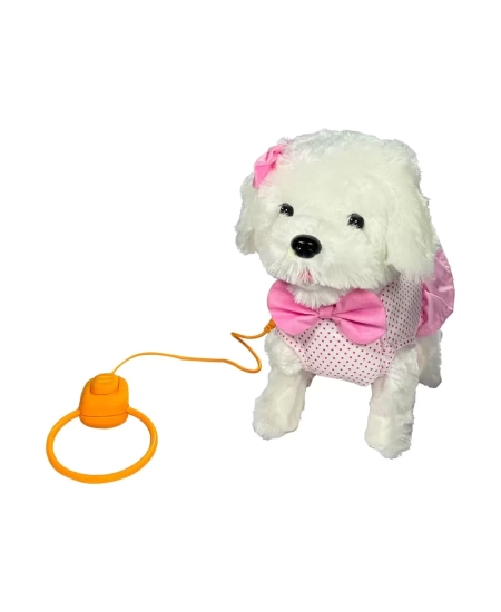 PELUŞ TASMALI YÜRÜYEN PEMBE FİYONKLU KÖPEK