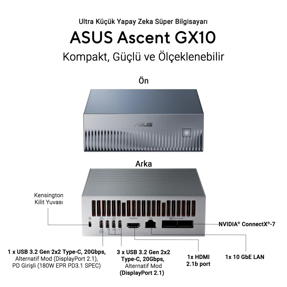 ASUS Ascent GX10 Nvidia GB10 CPU Blackwell GPU LPDDR5X 128GB RAM 2TB NVMe SSD Yapay Zeka Mini Süper Bilgisayar