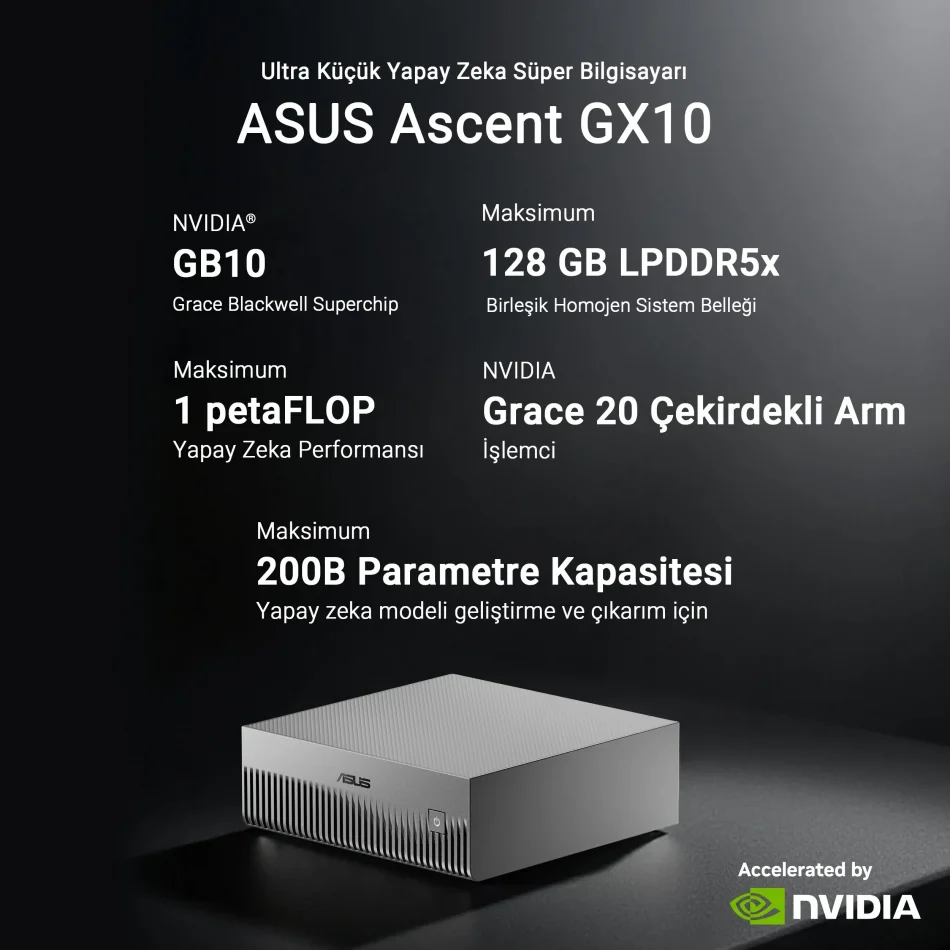 ASUS Ascent GX10 Nvidia GB10 CPU Blackwell GPU LPDDR5X 128GB RAM 1TB NVMe SSD Yapay Zeka Mini Süper Bilgisayar