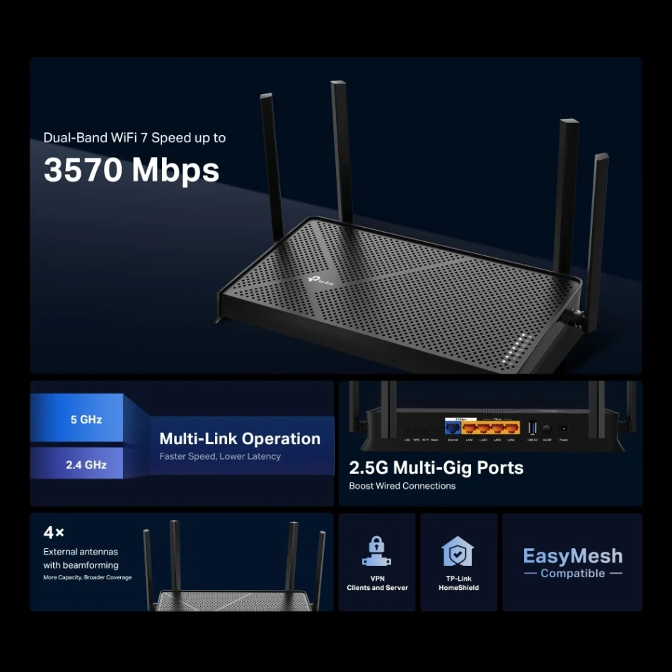 TP-Link Archer BE230 BE3600 Çift Bantlı Wi-Fi 7 Router
