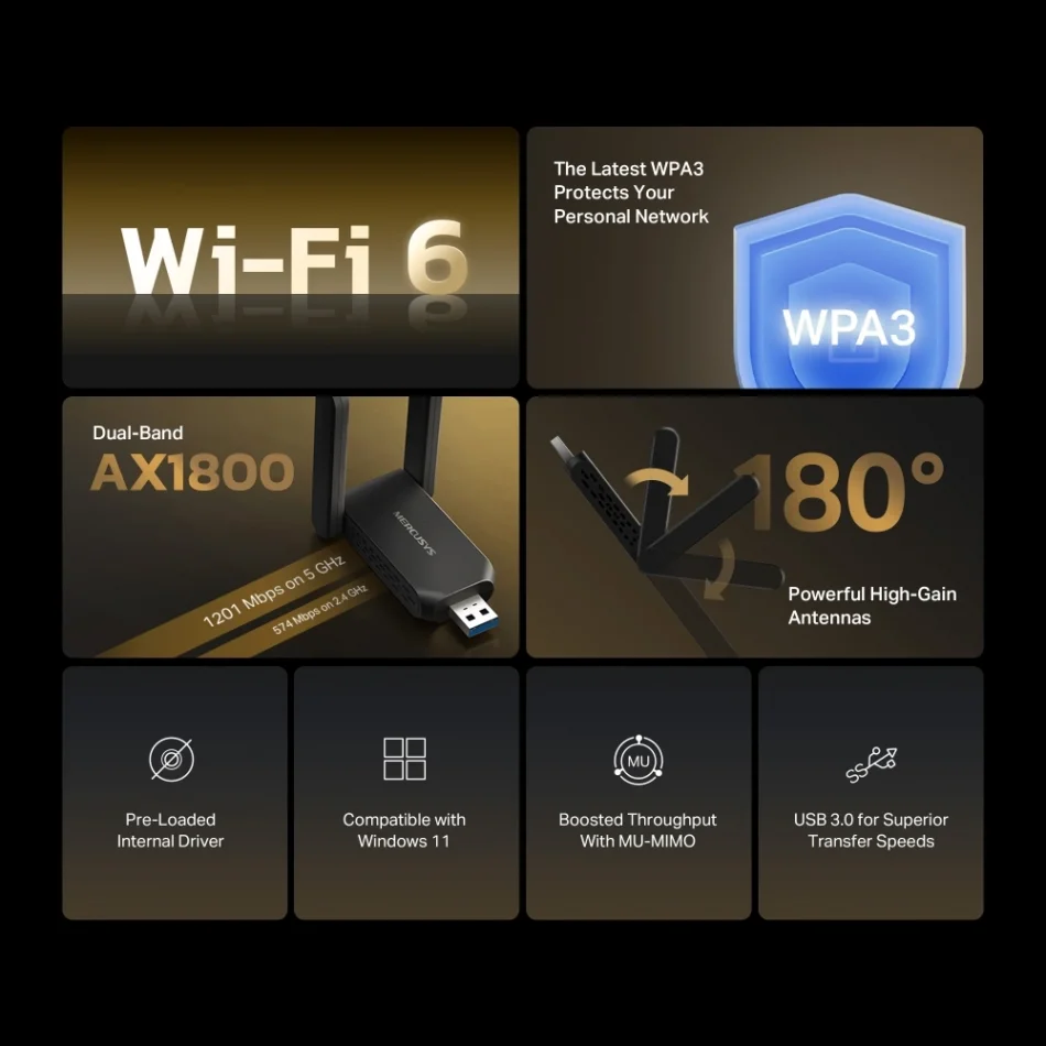 TP-Link Mercusys MA72XH AX1800 Yüksek Kazançlı Wi-Fi 6 Kablosuz Dual Band USB Adaptör
