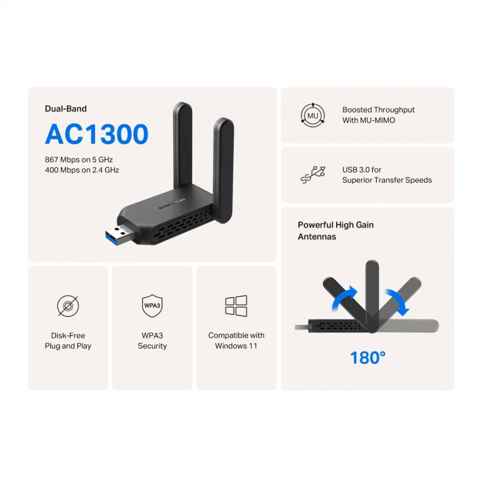 TP-Link Mercusys MA32H AC1300 High-Gain Dual Band USB Wireless Ağ Adaptörü