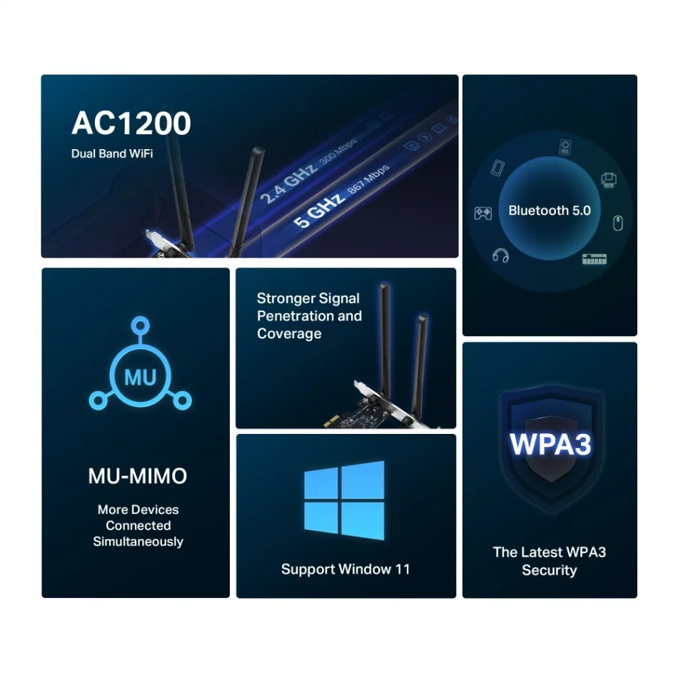TP-Link Mercusys MA30E AC1200 Wi-Fi 5 ve Bluetooth 5.0 PCIe Adaptör