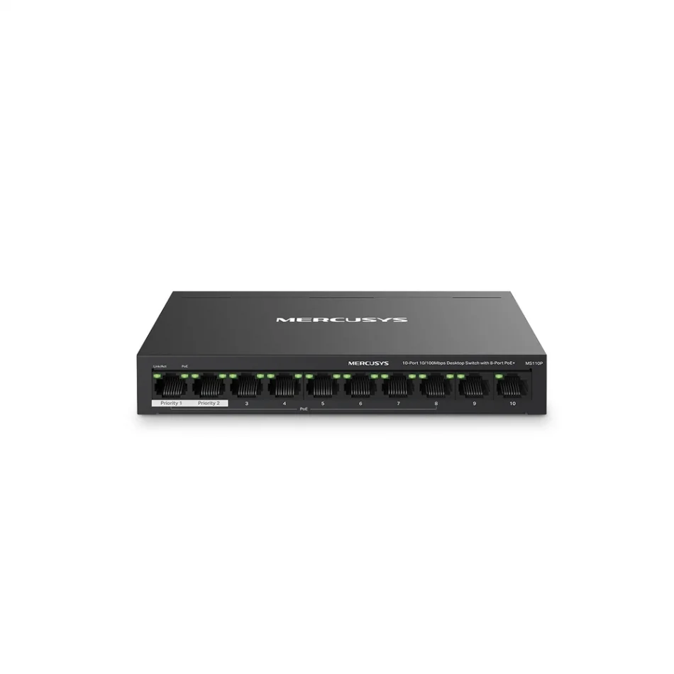 TP-Link Mercusys MS110P 8-Port PoE+ ile 10-Port 10/100Mbps Masaüstü Switch