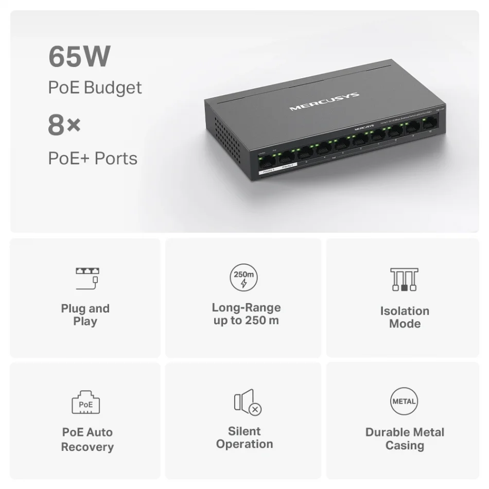 TP-Link Mercusys MS110P 8-Port PoE+ ile 10-Port 10/100Mbps Masaüstü Switch