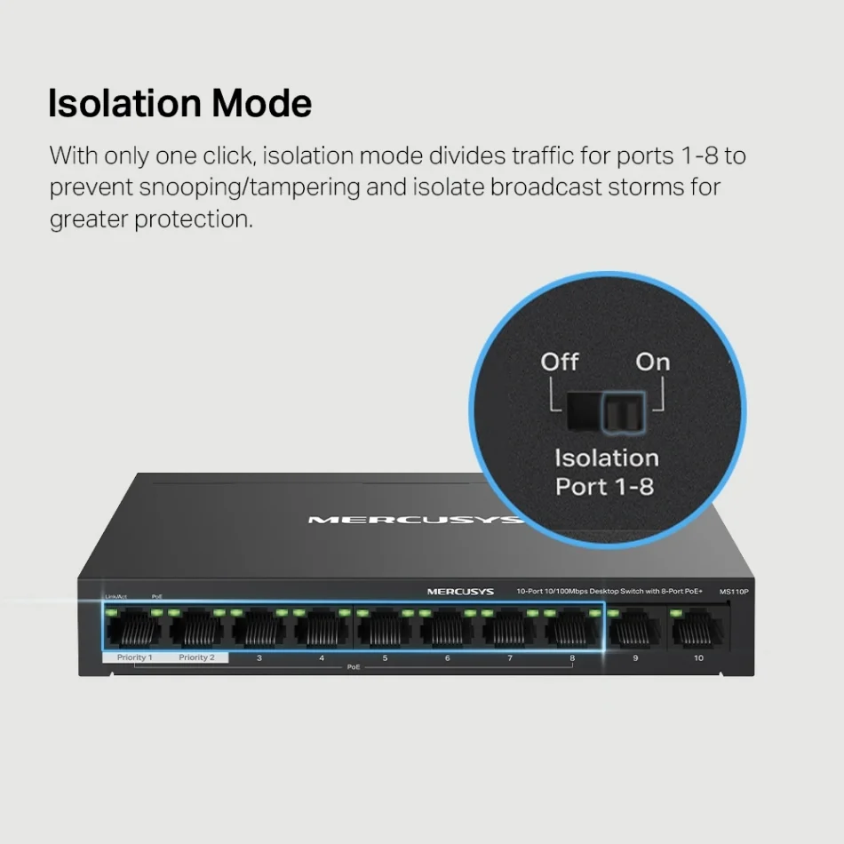 TP-Link Mercusys MS110P 8-Port PoE+ ile 10-Port 10/100Mbps Masaüstü Switch