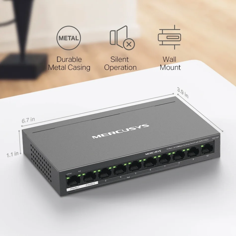 TP-Link Mercusys MS110P 8-Port PoE+ ile 10-Port 10/100Mbps Masaüstü Switch