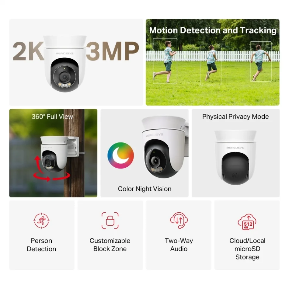 TP-Link Mercusys MC510 2K Yatay/Dikey Hareketli 360° Dış Mekan Güvenlik Wi-Fi Kamerası