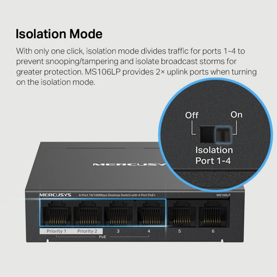 TP-Link Mercusys MS106LP 4-Port PoE+ 6-Port 10/100Mbps Masaüstü Switch