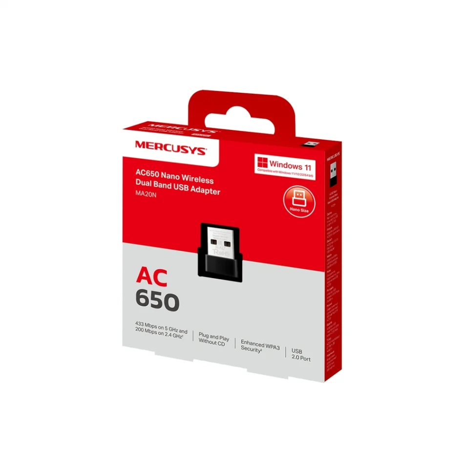 TP-Link Mercusys MA20N AC650 Nano Kablosuz Çift Bant USB Adaptör