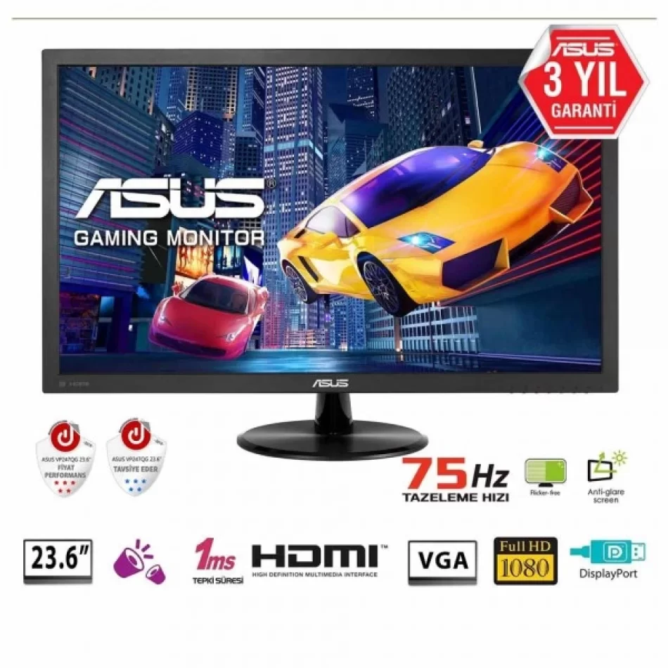 ASUS 23.6 VP247QG 75Hz 1ms VGA DP HDMI FHD Freesync Gaming Monitör Outlet Pikselli Ürün 2 Yıl garanti